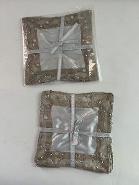 Embellished Taupe and Silver Decorative Cloth Cocktail Napkins  2 sets of 4